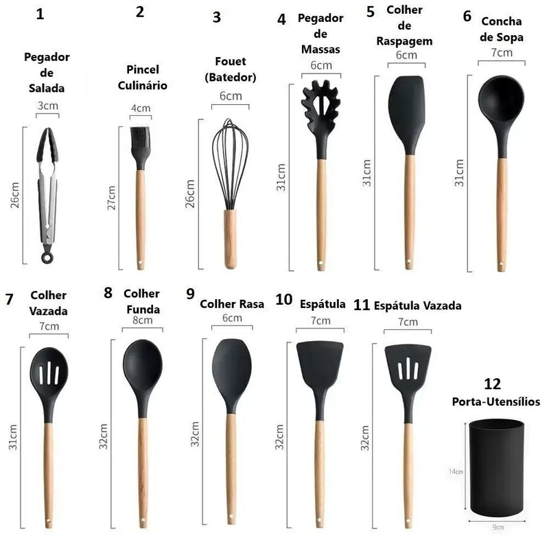 Jogo de Cozinha Kit C/12 Peças de Silicone, Utensílios e Copo Suporte para Cozinha Cabo de Madeira