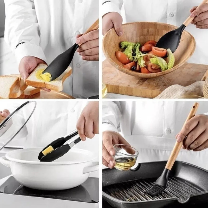 Jogo de Cozinha Kit C/12 Peças de Silicone, Utensílios e Copo Suporte para Cozinha Cabo de Madeira