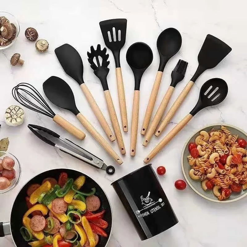 Jogo de Cozinha Kit C/12 Peças de Silicone, Utensílios e Copo Suporte para Cozinha Cabo de Madeira