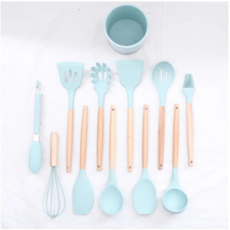 Jogo de Cozinha Kit C/12 Peças de Silicone, Utensílios e Copo Suporte para Cozinha Cabo de Madeira